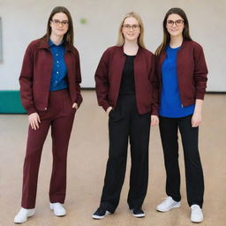 Three tall girls in school, wearing burgundy jackets and black wide-legged pants. One with blonde hair, light eyebrows, blue eyes, and black glasses. The second one with medium-length brown hair, brown eyes, and an athletic figure.