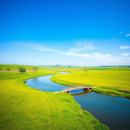 Create an image of a beautiful, serene landscape with a clear blue sky, lush green fields, and a calm river flowing through it