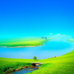 Create an image of a beautiful, serene landscape with a clear blue sky, lush green fields, and a calm river flowing through it