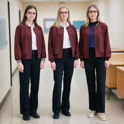Three tall girls in school, wearing burgundy jackets and black wide-legged pants. One with blonde hair, light eyebrows, blue eyes, and black glasses. The second one with medium-length brown hair, brown eyes, and an athletic figure.