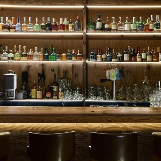 An atmospheric interior of a vintage bar with dimmed lights, oak countertops, high bar stools, and a variety of colorful bottles on wall-mounted shelves.