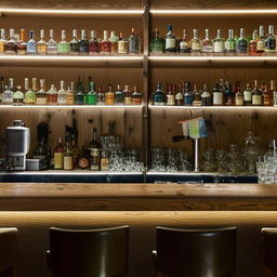 An atmospheric interior of a vintage bar with dimmed lights, oak countertops, high bar stools, and a variety of colorful bottles on wall-mounted shelves.