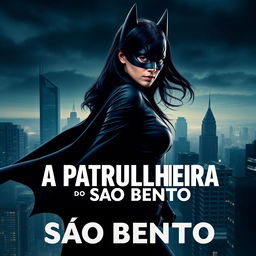 A movie poster featuring a woman with long black hair, patrolling a city like Batman