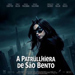 A movie poster featuring a woman with long black hair, patrolling a city like Batman