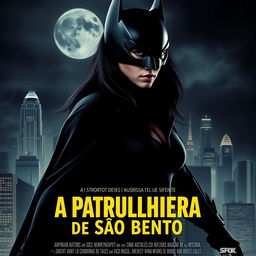 A movie poster featuring a woman with long black hair, patrolling a city like Batman