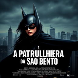 A movie poster featuring a woman with long black hair, patrolling a city like Batman