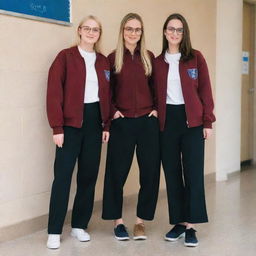 Three tall girls in school, wearing burgundy jackets and black wide-legged pants. One with blonde hair, light eyebrows, blue eyes, and black glasses. The second one with medium-length brown hair, brown eyes, and an athletic figure.