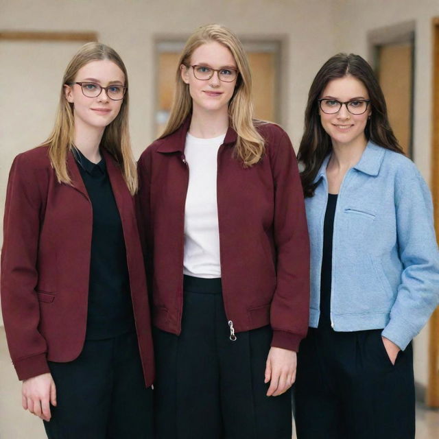 Three tall girls in school, wearing burgundy jackets and black wide-legged pants. One with blonde hair, light eyebrows, blue eyes, and black glasses. The second one with medium-length brown hair, brown eyes, and an athletic figure.