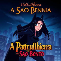 An animated movie poster featuring a woman with long black hair, patrolling a city like Batman