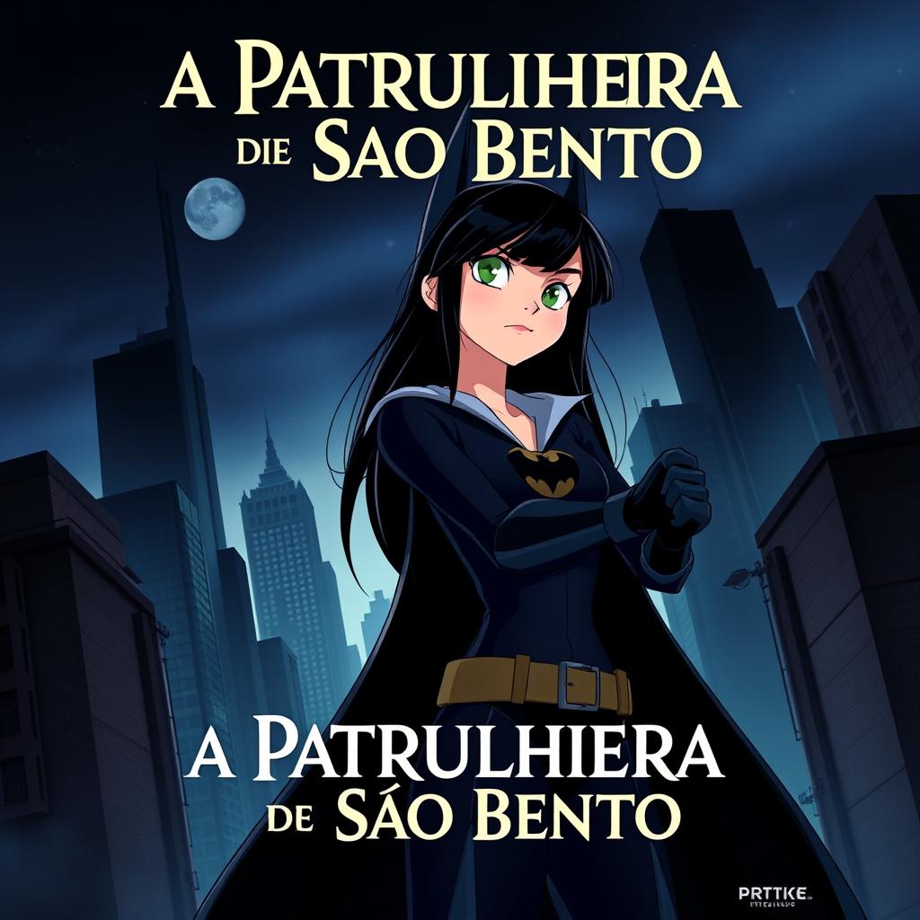 An animated movie poster featuring a woman with long black hair, patrolling a city like Batman