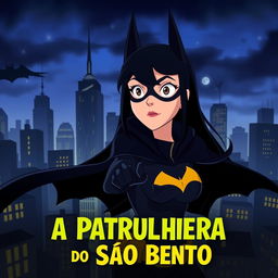 An animated movie poster featuring a woman with long black hair, patrolling a city like Batman