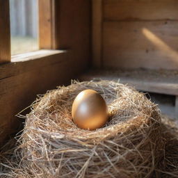 A golden egg shimmering with sparkles rests alone in a straw nest inside a rustic chicken coop, lit by a soft light streaming through a small window.