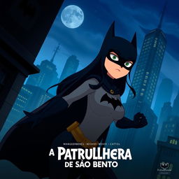 An animated movie poster featuring a woman with long black hair, patrolling a city like Batman