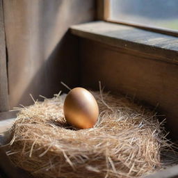 A golden egg shimmering with sparkles rests alone in a straw nest inside a rustic chicken coop, lit by a soft light streaming through a small window.