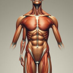 A detailed and realistic depiction of a human body, showcasing the muscles and anatomy in an artistic manner