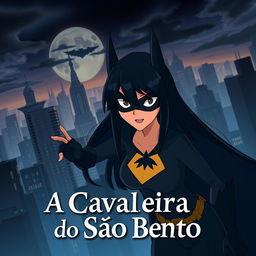 An animated movie poster featuring a woman with long black hair, patrolling a city like Batman