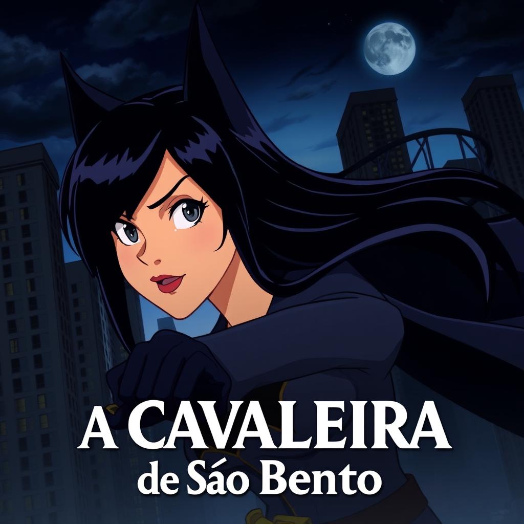 An animated movie poster featuring a woman with long black hair, patrolling a city like Batman