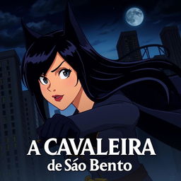 An animated movie poster featuring a woman with long black hair, patrolling a city like Batman