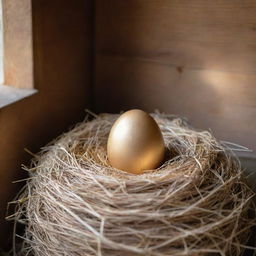 A golden egg shimmering with sparkles rests alone in a straw nest inside a rustic chicken coop, lit by a soft light streaming through a small window.