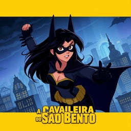 An animated movie poster featuring a woman with long black hair, patrolling a city like Batman