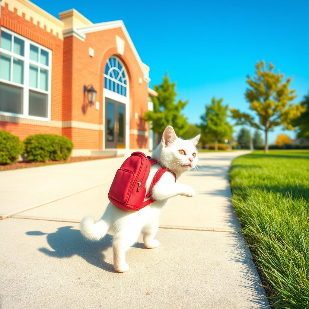 A cute white cat carrying a small backpack, walking on a sidewalk towards a school building