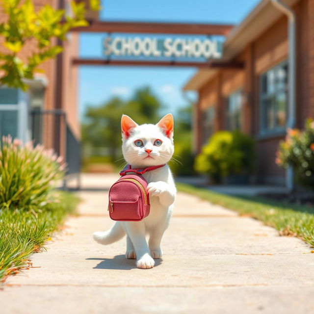 A cute white cat carrying a small backpack, walking on a sidewalk towards a school building