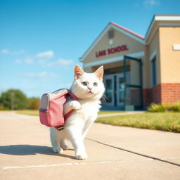 A cute white cat carrying a small backpack, walking on a sidewalk towards a school building