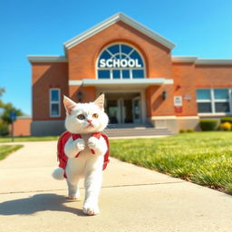 A cute white cat carrying a small backpack, walking on a sidewalk towards a school building