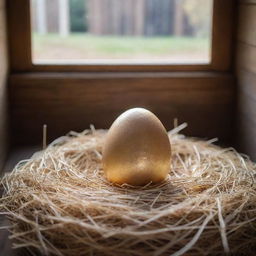 A golden egg shimmering with sparkles rests alone in a straw nest inside a rustic chicken coop, lit by a soft light streaming through a small window.