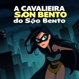 An animated movie poster featuring a woman with long black hair, patrolling a city like Batman