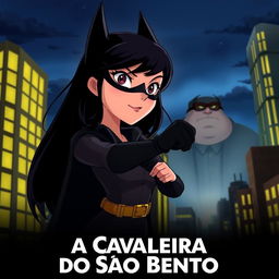 An animated movie poster featuring a woman with long black hair, patrolling a city like Batman