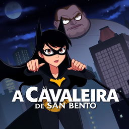 An animated movie poster featuring a woman with long black hair, patrolling a city like Batman