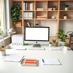 A neatly organized workspace featuring a clean desk, arranged stationery, and a computer monitor