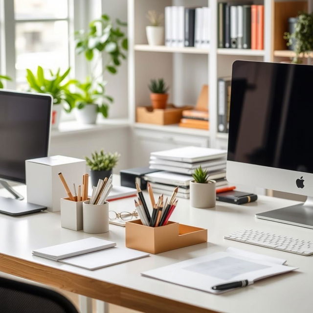 A neatly organized workspace featuring a clean desk, arranged stationery, and a computer monitor