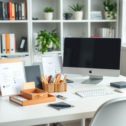 A neatly organized workspace featuring a clean desk, arranged stationery, and a computer monitor