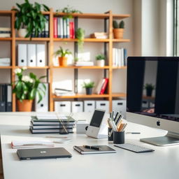 A neatly organized workspace featuring a clean desk, arranged stationery, and a computer monitor