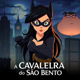 An animated movie poster featuring a woman with long black hair, patrolling a city like Batman