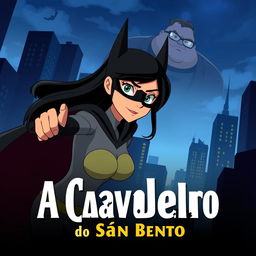 An animated movie poster featuring a woman with long black hair, patrolling a city like Batman