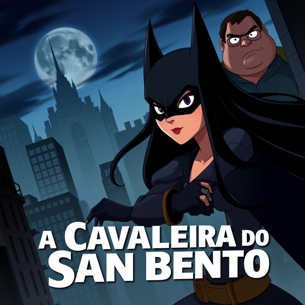 An animated movie poster featuring a woman with long black hair, patrolling a city like Batman