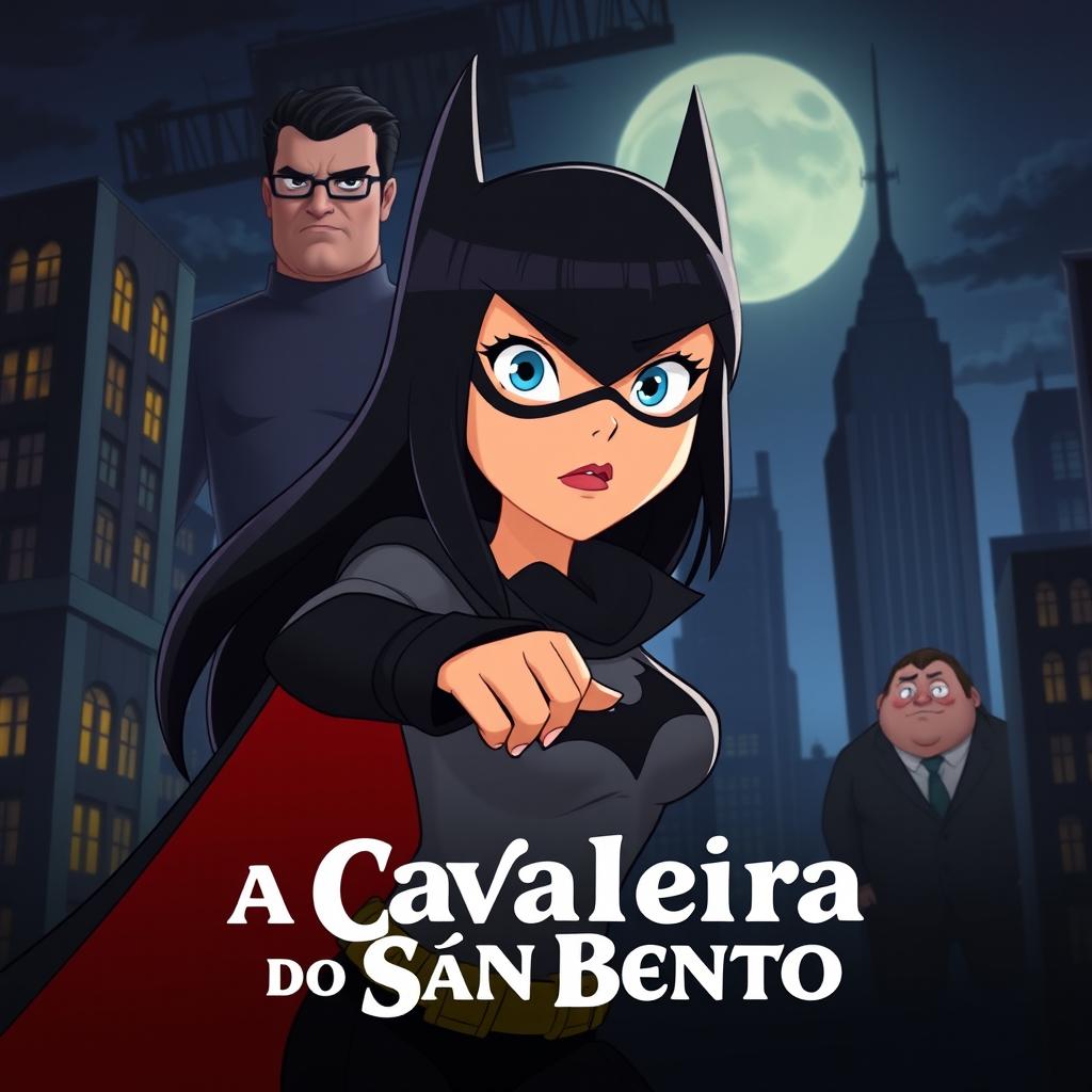 An animated movie poster featuring a woman with long black hair, patrolling a city like Batman