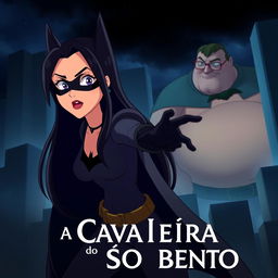 An animated movie poster featuring a woman with long black hair, patrolling a city like Batman