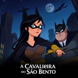 An animated movie poster featuring a woman with long black hair, patrolling a city like Batman