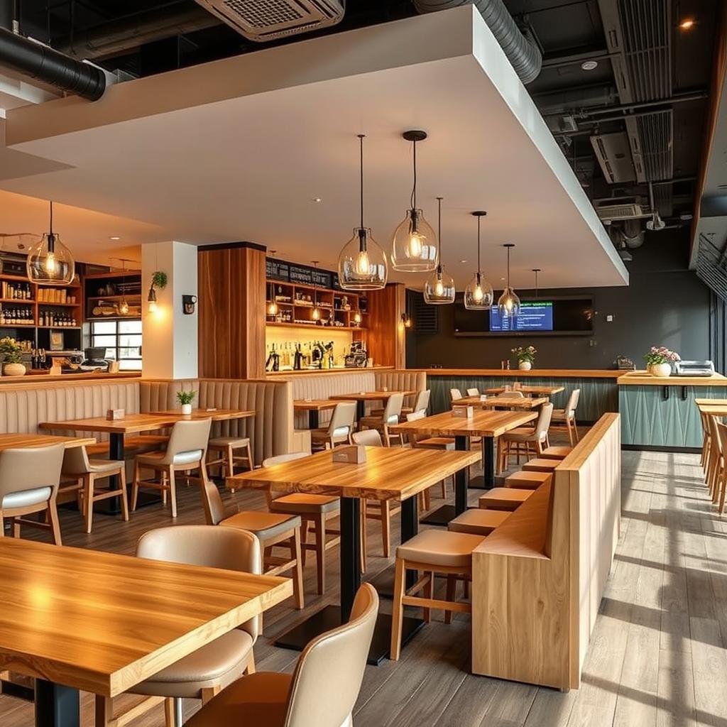 Una imagen de un espacio moderno destinado a hamburguesas, con mesones centrales de madera, decoración acogedora y luminosa