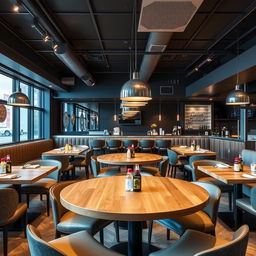 Una imagen de un espacio moderno destinado a hamburguesas, con mesones centrales de madera, decoración acogedora y luminosa