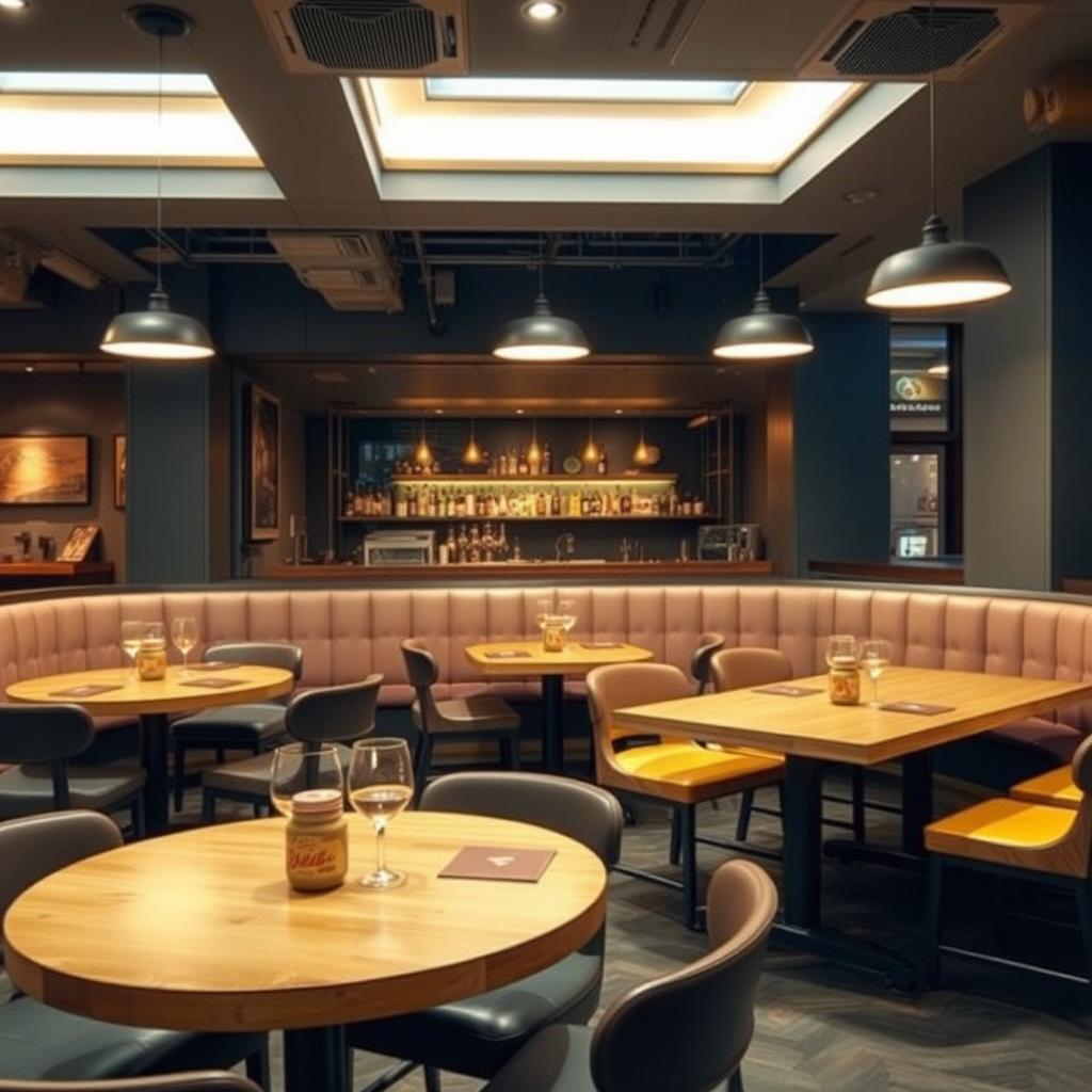 Una imagen de un espacio moderno destinado a hamburguesas, con mesones centrales de madera, decoración acogedora y luminosa