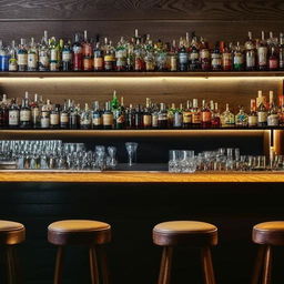 An atmospheric interior of a vintage bar with dimmed lights, oak countertops, high bar stools, and a variety of colorful bottles on wall-mounted shelves.