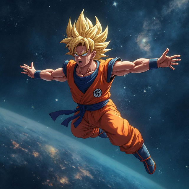 Goku from Dragonball Z flying through outer space, surrounded by stars, planets, and cosmic phenomena