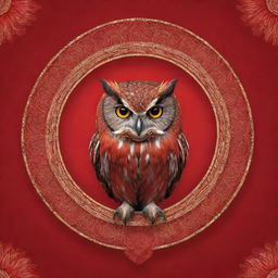 An owl in the center of a banner with a vibrant red background. The owl should stand out with intricate designs surrounding it.