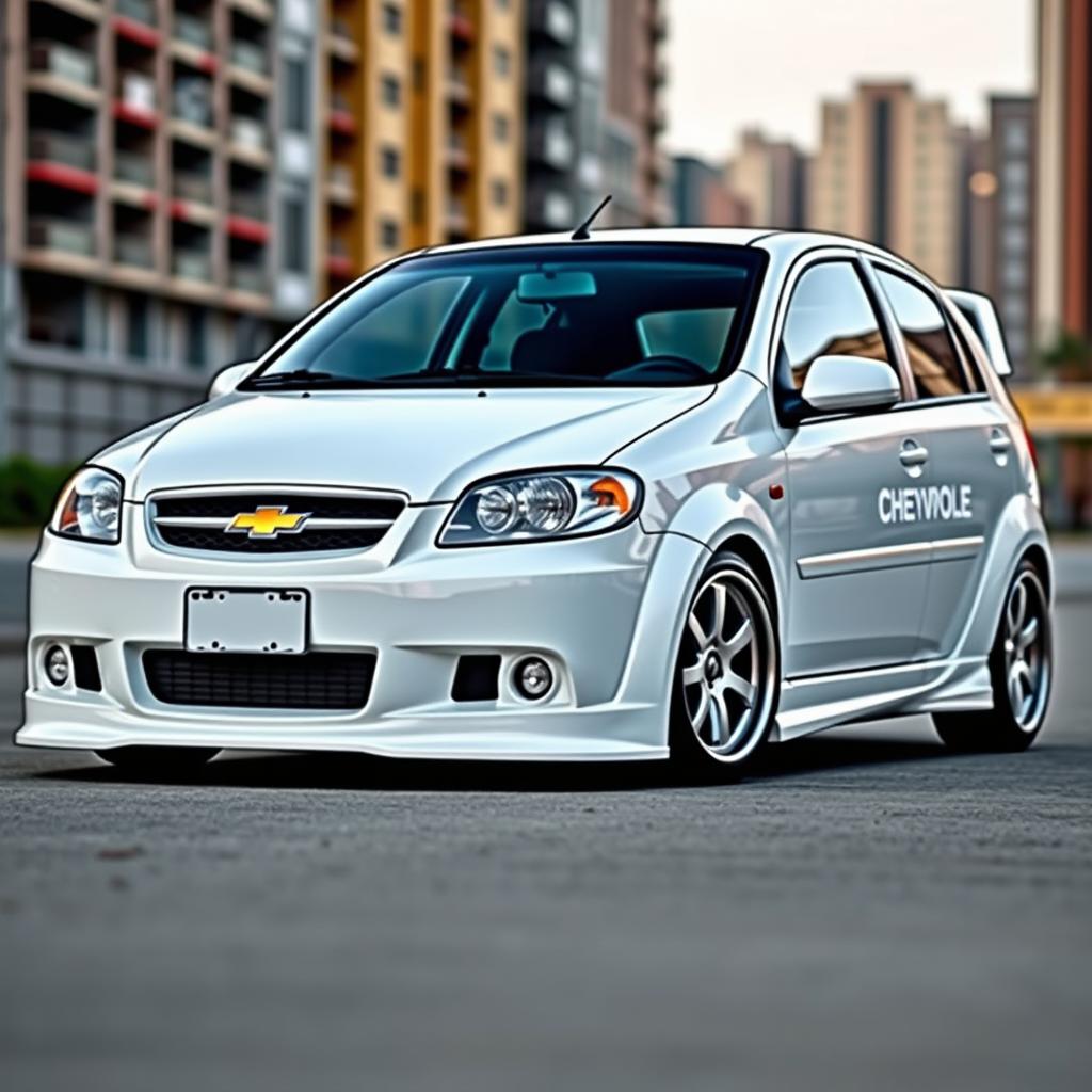 A 2006 Chevrolet Aveo customized with a sleek body kit and personalized rims