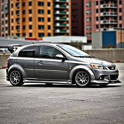 A 2006 Chevrolet Aveo customized with a sleek body kit and personalized rims